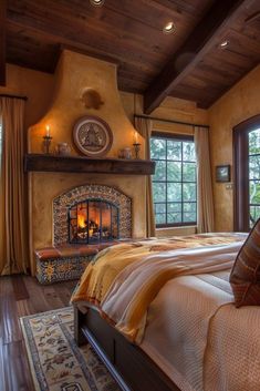 Spanish Fireplace Ideas, Boho Southwestern Living Room, Spanish Interior Design Bedroom, Bedroom With Fireplace Ideas, Mexican Tile Fireplace, Southwestern Living Room Ideas, Spanish Style Interior Design, Spanish Style Fireplace, Hacienda Style Bedroom