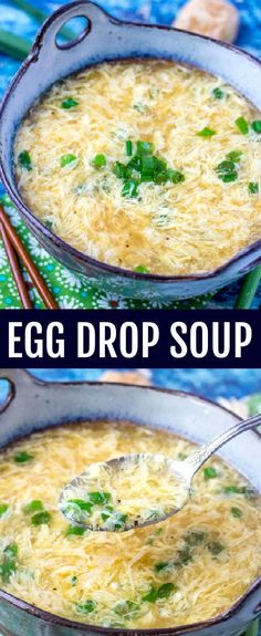 egg drop soup in a skillet with chopsticks on the side and an image of