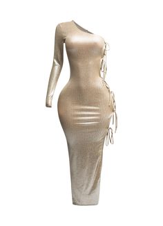 a women's gold dress with long sleeves and laces on the sides,