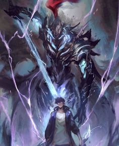 an anime character standing in front of a giant demonic demon with two swords and lightning