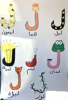 an arabic alphabet poster with pictures of animals and letters in different colors, including the letter j