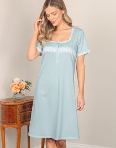 Luxury Italian Linens for Home - Schweitzer Fine Linens Elegant Light Blue Sleepwear For Loungewear, Light Blue Cotton Nightgown For Loungewear, Light Blue Lace Trim Dress For Loungewear, Light Blue Nightgown For Home, Light Blue Lace Trim Nightgown For Home, Light Blue Lace Trim Nightgown, Fitted Light Blue Nightgown For Loungewear, Luxury Nightwear, Detailed Embroidery