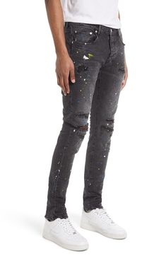 Speckled paint splatters and ripped knees lend streetwear-inspired style to these skinny jeans enhanced with a bit of stretch to move with you. 98% cotton, 2% Lycra® spandex Machine wash, dry flat Imported Asian Founded Paint Splatter Cotton Jeans For Streetwear, Fitted Denim Jeans With Paint Splatter, Fitted Paint Splatter Denim Jeans, Cotton Paint Splatter Jeans For Streetwear, Spring Streetwear Jeans With Paint Splatter, Fitted Paint Splatter Jeans, Urban Style Paint Splatter Jeans For Streetwear, Casual Fitted Jeans With Paint Splatter, Casual Paint Splatter Jeans For Streetwear