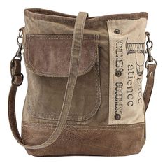 PRICES MAY VARY. CARRY YOUR STYLE: Each Upcycled Canvas Shoulder Bag is unique. The inspirational words “Peace, Patience, Kindness, Goodness” are printed on the copper-studded panel of this rustic tote bag. SUSTAINABLE FASHION: This one-of-a-kind bag is crafted of distressed canvas from repurposed tents and tarps with faux-leather trim. PRACTICAL FEATURES: Tote includes a fully lined interior with zip closure. Exterior features a front flap pocket and a zippered pocket on the opposite side. Bag Bohemian Handbags, Gothic Purse, Boho Tote Bag, Boho Handbags, Boho Tote, Brown Tote Bag, Romantic Fantasy, Boho Purses, Brown Tote