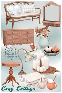 an assortment of furniture and decor items in pastel blue tones with text overlay that reads cozy cottage