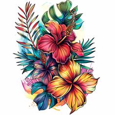 Floral Tattoo Design Set Beach Floral Tattoo, Waves Back Tattoo, Puerto Rico Flower Tattoo, Turtle Flower Tattoo, Hibiscus Tattoo Color, Hawaii Inspired Tattoos, Color Tattoos For Women, Exotic Flower Tattoos