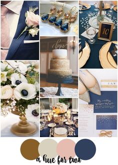 a collage of photos with blue, white and gold wedding colors on it's side