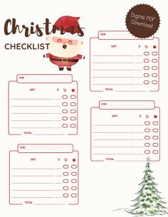 a christmas checklist with santa claus on it and a tree in the background,