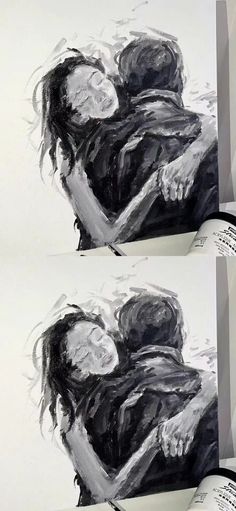 two pictures of people hugging each other in black and white, with the image being drawn on paper