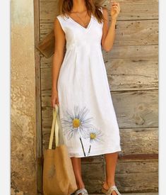 Simple V Neck Dandelion Printed Sleeveless Dress Midi Dress Pattern, Holiday Dresses Women, Daisy Print, White Midi Dress, Loose Dress, Midi Dress Sleeveless, Mode Inspiration, Womens Midi Dresses, Fashion Styles