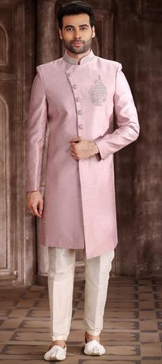 Pink and Majenta color Sherwani in Art Silk fabric with Embroidered work Luxury Pink Sherwani With Zari Work, Luxury Pink Sherwani With Dupatta, Pink Fitted Sherwani With Resham Embroidery, Pink Fitted Sherwani With Cutdana, Semi-stitched Pink Sherwani For Weddings, Pink Semi-stitched Sherwani With Long Sleeves, Pink Embroidered Semi-stitched Sherwani, Wedding Sherwani, Wedding Pink