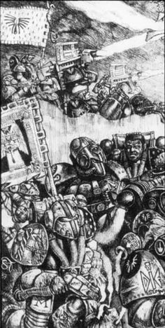 an image of a drawing of people and animals in the middle of a battle with soldiers