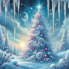 a painting of a christmas tree surrounded by icicles