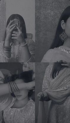 a woman taking a selfie with her cell phone in four different pictures, all showing the same outfit and jewelry