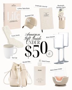 an assortment of women's gifts under $ 50 including a hat, wine glass, and other items