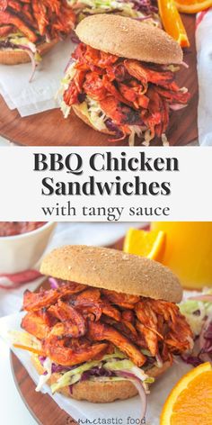 bbq chicken sandwiches with tangy sauce on a cutting board next to an orange slice