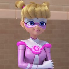 a cartoon character with blonde hair and blue eyes wearing a pink outfit, standing in front of a brick wall