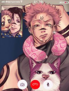 an anime character with pink hair holding a white and gray cat in front of him