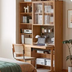 a bedroom with a bed, desk and bookcase