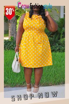 Yellow Fashion Casual Plus Size Dot Print With Bow O Neck Sleeveless Dress Purple And Gold Dress, Hot Jumpsuits, Red Dress Short, Dress Sleeve Styles, Plus Size Activewear, Orange Fashion, Big Girl, Yellow Fashion, Hot Dress