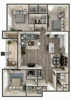 an overhead view of a two bedroom, one bath apartment with living room and kitchen