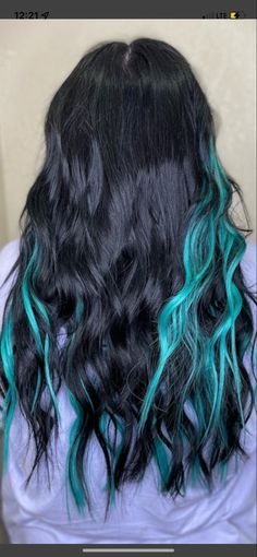 Black Hair With Teal Peekaboos, Black Hair With Turquoise Underneath, Black Hair With Teal Underneath, Black And Aqua Hair, Black Hair With Teal Highlights, Turquoise And Black Hair, Black And Turquoise Hair, Teal And Black Hair