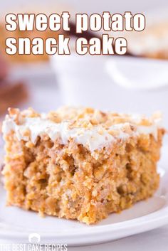 a close up of a piece of cake on a plate with the words sweet potato snack cake