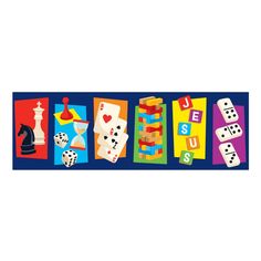 a colorful banner with dices and books on it