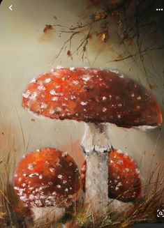 an oil painting of three mushrooms in the grass