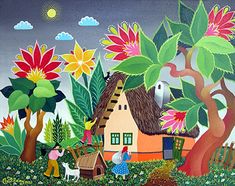 an image of a painting with people and animals in the grass near trees, flowers and houses