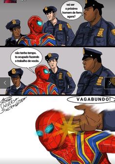 a comic strip with an image of a spider man and two police officers talking to each other