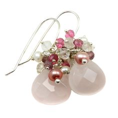 Rose Quartz Cluster Earrings Rose Gold Quartz, Rose Quartz Earrings, Pink Topaz, Quartz Cluster, Pink Amethyst, Seed Pearl