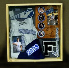 a cardboard box with an image of a basketball jersey and other sports related items in it