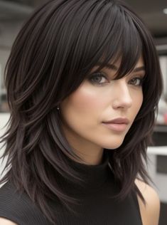 Flipped Layers Haircut, Choppy Layers With Bangs Medium, Long Rocker Hair Cuts For Women, Popular Medium Length Haircuts, Medium Length Hair Styles For Round Faces Bangs Long Layered, Long Shag Haircut Fine Hair, Medium Length Shaggy Haircuts, Haircuts Dark Hair, Medium Layered Hair With Bangs