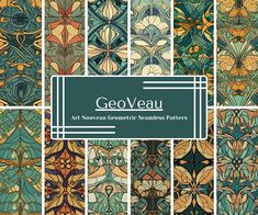 an art nouveau pattern with the words geoveau on it