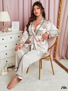 Zlily - Elegant Plus Size Floral Print Pajama Set with Belt - Womens Long Sleeve Top and Pants Sleepwear, 2-Piece Ensemble Floral Print Long Sleeve Loungewear Pant Set, Long Sleeve Floral Print Loungewear Pant Set, Floral Pajama Set, Elegant Plus Size, Print Pajamas, Long Sleeve Top, Women Long Sleeve, Pajama Set, 2 Piece