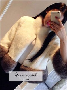 Women White and Brown Faux Fur Coat with Big Fluffy Collar and Edge Sleeve Fur detail Red Faux Fur Coat, Grey Faux Fur Coat, Color Office, White Faux Fur Coat, Imperial Fashion, Brown Faux Fur Coat, Black Faux Fur Coat, White Faux Fur, Black Faux Fur