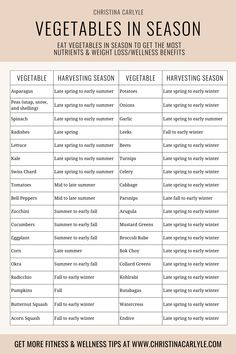 a list of vegetables in season with the words, get more fitness & well - being at