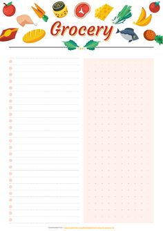 the grocery list is shown with vegetables and fruits on it, including carrots, tomatoes,