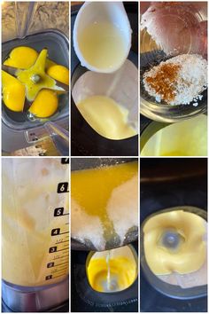 four pictures showing how to make lemon custard in blender and then blending