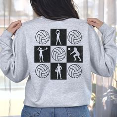 This personalized volleyball sweatshirt is the perfect way to show your favorite volleyball player support on game day! Customize this sweatshirt or T-shirt by adding the player's name and number to the front. Choose between cozy sweatshirt or a comfy tee with a crew neckline that fits like a well-loved favorite. SHIRT INFORMATION & SIZING: The sweatshirt is a Gildan Heavy Blend Crewneck sweatshirt made from a blend of 50% cotton and 50% polyester. Unisex Adult Sizing - please see the sizing chart in the listing photos to determine the best size for you.  The t-shirt is a Bella+Canvas cotton tee. Unisex Adult Sizing - please see the sizing chart in the listing photos to determine the best size for you. It can be helpful to measure one of your favorite shirts then compare it to the size cha Sporty Sweatshirt With Screen Print For Sports, Team Spirit Sweatshirt With Screen Print For Sports, Team Spirit Sports Sweatshirt With Screen Print, Team Spirit Screen Print Sweatshirt, Volleyball Tshirt Designs Ideas Team Shirts, Volleyball Team Sweatshirts Design, Custom Volleyball Shirts, Volleyball Warm Up Shirts, Volleyball Mom Sweatshirt