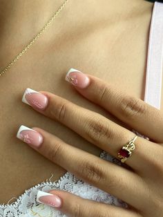 Nail Ideas Acrylic Coffin Short French Tip, Ring Finger Nail Art Designs, Square French Nails With Design, Acrylic Nail Inspo Square, Xs Nails Designs Short, Biab Nails French Tip, Square Classy Nails, White French Tip Nails With Design Ideas, Shirt Square Nails