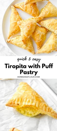 three pieces of puff pastry on a white plate with the words guide and easy recipe