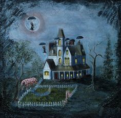 a painting of a house in the night