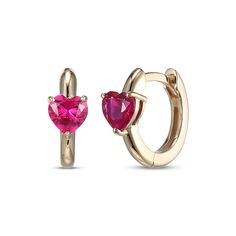 Simple yet so stylish, these huggie hoops add a pop of color to any look. 10K yellow gold Each earring features a heart-shaped lab-created ruby Hinged backs Yellow Gold Small Hoop Huggie Earrings For Valentine's Day, Valentine's Day Yellow Gold Small Hoop Huggie Earrings, Round Huggie Earrings For Valentine's Day Anniversary, Valentine's Day Round Huggie Earrings For Anniversary, Round Huggie Earrings For Valentine's Day, Valentine's Day Huggie Heart Earrings, Valentine's Day Round Huggie Earrings, Heart-shaped 14k Gold Huggie Earrings For Valentine's Day, 14k Gold Huggie Earrings For Valentine's Day