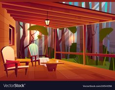 an image of a porch with chairs and table in the evening time scene, illustration painting