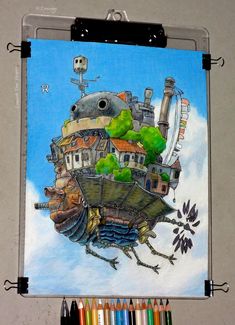 a drawing of a house floating in the air with trees and buildings on it's roof