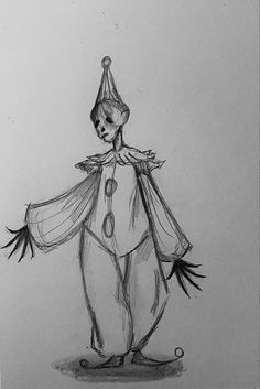 a black and white drawing of a clown with his arms outstretched in front of him