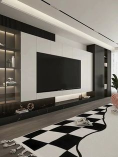 a modern living room with black and white decor