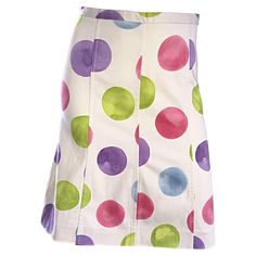 Adorable vintage 1990s MOSCHINO 'CHEAP & CHIC' ivory multi colored A-Line skirt! Soft ivory cotton with stretch. Pastel purple, pink, blue, and green tie dye polka dots throughout. Hidden zipper up the side with hook-and-eye closure. Flattering fit. Great with a tank, blouse, tee, etc. Pairs nicely with flats, sandals, wedges or heels. In great unworn condition. Made in Italy Marked Size US 6 Measurements: 28 inch waist 34-38 inch hips (stretch) 21 inches in length Pastel Skirts, Moschino Fashion, White Knee Length Skirt, White Cotton Skirt, Vintage Moschino, Violet Pastel, Skirts White, Colorful Skirts, Stretchy Skirt